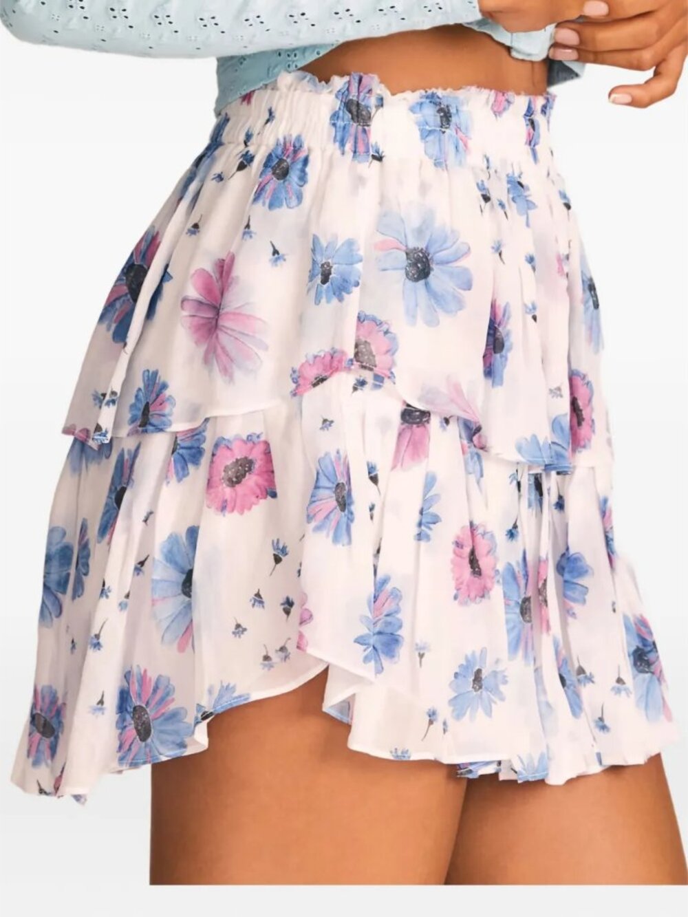 LOVESHACKFANCY RUFFLED FLORAL PRINT TIERED MINI SKIRT LARGE ELASTIC WAIST BOHO